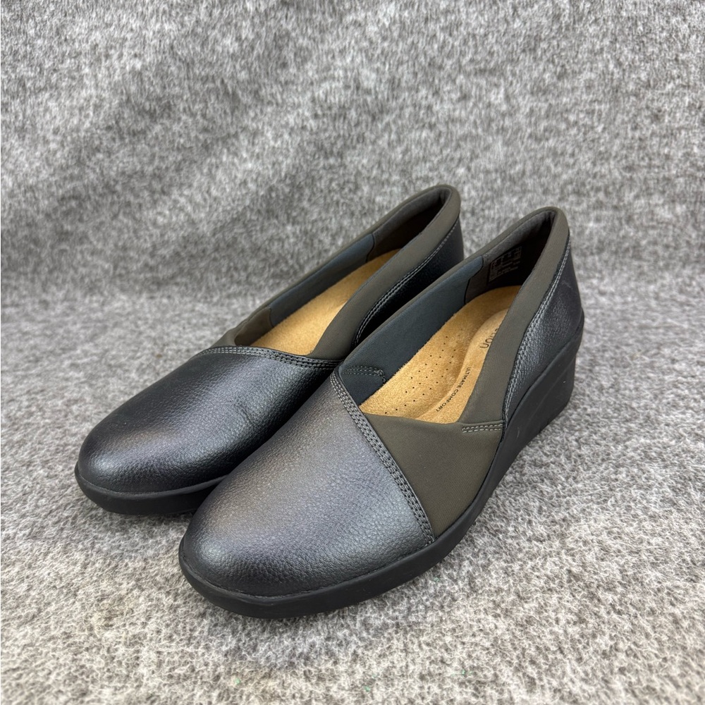 Women’s 8M Clarks Suttyn Leather Wedges Dark Pewter Metallic Slip On Loafers